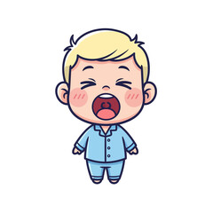 Obraz premium Cute blonde boy yawning in blue pajamas. Adorable tired child character, morning routine illustration, sleepy kid, bedtime concept.