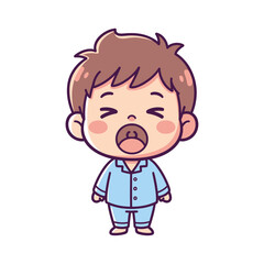 Obraz premium Cute cartoon boy in blue pajamas yawning, feeling sleepy and tired. Adorable child character illustration for morning routine.