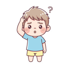 Puzzled cartoon boy scratching head with question mark. Confused child character thinking.