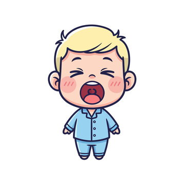Cute blonde boy yawning in blue pajamas. Adorable tired child character, morning routine illustration, sleepy kid, bedtime concept.