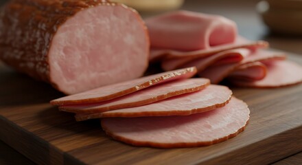 Sliced Ham on Wooden Board.