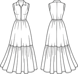 Sleeveless collared tiered dress fashion flat, technical garment illustration, front and back view, zipper bodice, princess seams, pattern making design
