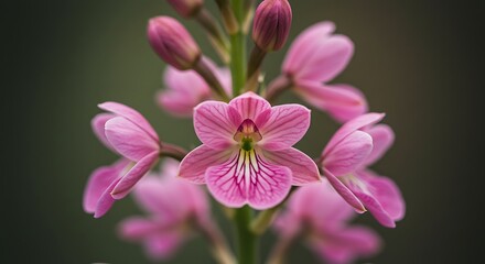 Fototapeta premium Close-up of a cluster of delicate pink wild orchids blooming on a stem.