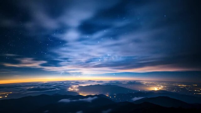 Vast Starry Night Sky Over Illuminated Cityscape and Misty Mountains