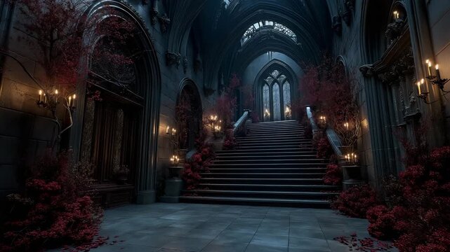 Grand Gothic Stone Stairway Darkness Withered Branches Red Florals