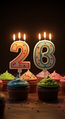 Vibrant 28th Birthday Celebration with Cupcakes and Lit Candles.