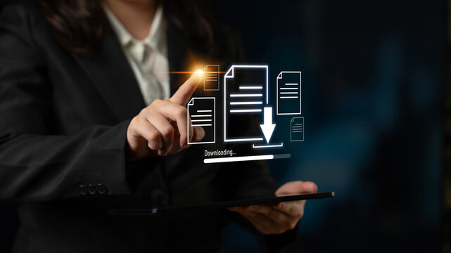 Visual representation of digital document downloading, showing file transfer, data access, and progress status for secure and efficient information retrieval Latch