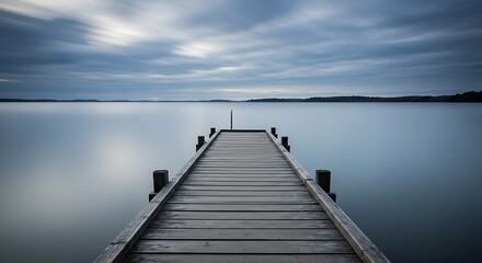 Fototapeta premium Wooden Pier Extending into Calm Water Under Moody Sky.