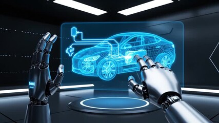 A robotic hand interacts with a holographic diagram of an electric car's powertrain and charging system. - Powered by Adobe