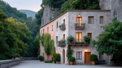 Fototapeta premium Stone Building Facade with Balconies and Potted Plants Surrounded by Lush Green Trees Under Warm Evening Light