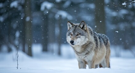 Obraz premium Gray wolf portrait in a snowy forest during winter a captivating wildlife scene with snowflakes