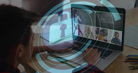 Schoolboy logging in, typing as overlay growing on laptop with rotating lock securing lesson data - Powered by Adobe