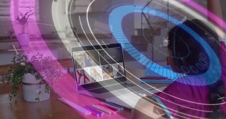 Child girl focusing on education call when animated rings circling laptop following teacher prompt - Powered by Adobe