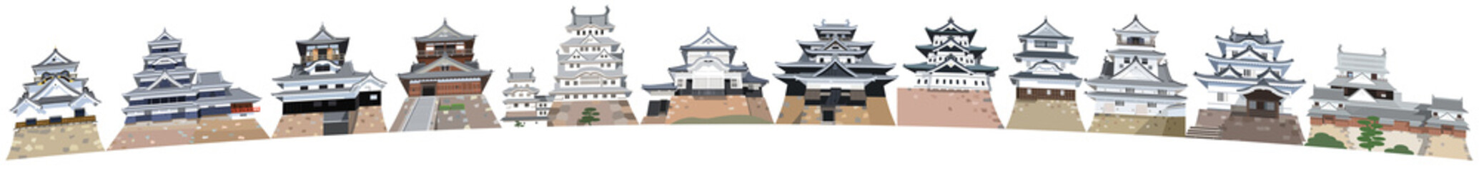 日本の城　現存木造天守閣横並び　アーチ型