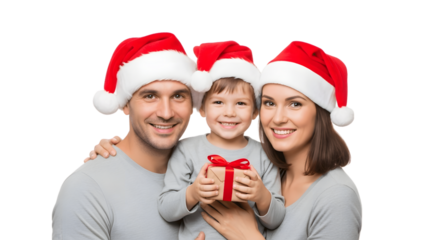 Joyful family Christmas moment holding gift in front of the camera 