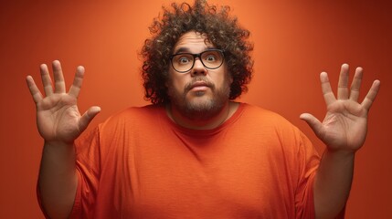 Naklejka premium Surprised Man with Curly Hair Raising Hands Against Orange Background