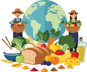 Celebrate World Food Day with fresh produce, grains, and farmers promoting sustainable agriculture for a healthy planet and global food security for all