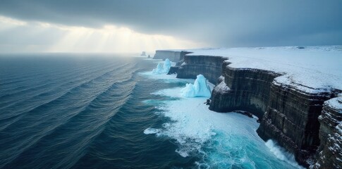 Snowfall over a rugged coastal cliff, waves crashing against icy rocks below, a dramatic and wild scene. A dynamic and dramatic winter scene of rugged coastal cliffs being hit by snowfall and powerful