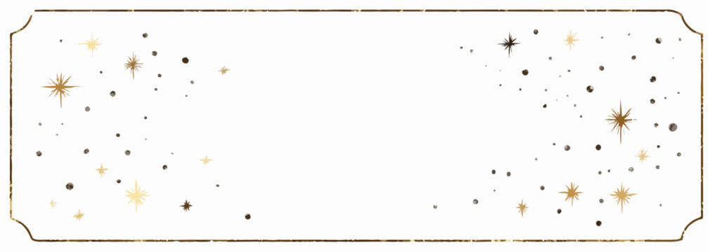 Cadre festif orn&eacute; d'&eacute;toiles scintillantes et de confettis dor&eacute;s sur fond blanc