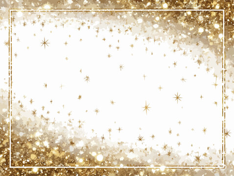 Un fond scintillant doré avec des étoiles et un cadre élégant pour des invitations festives.