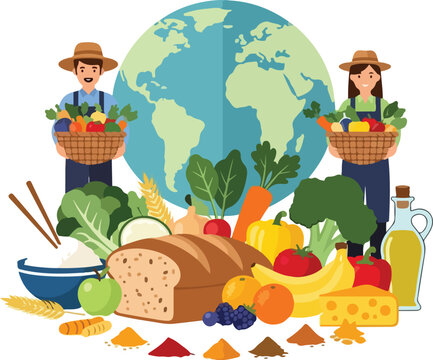 Celebrate World Food Day with fresh produce, grains, and farmers promoting sustainable agriculture for a healthy planet and global food security for all
