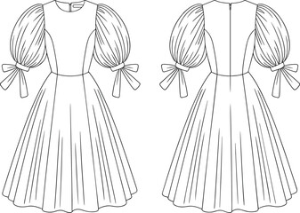 Women’s puff sleeve bow tie dress fashion flat, technical garment illustration, round neckline bodice, flared skirt panels, zipper back construction drawing