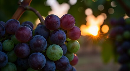 Close-up of ripening grapes on a vine with a beautiful sunset in the background.