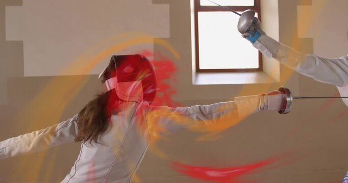 Sport training opponent epee arm entering causing fencer parrying thrust for defense with flame