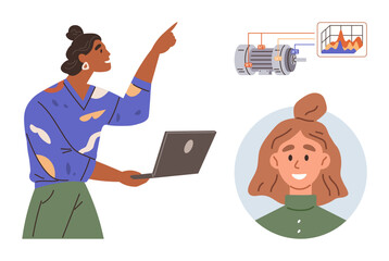 Woman gestures while holding a laptop, explaining technical engine data shown in chart and diagram. Ideal for teamwork, innovation, technology, education, collaboration, leadership concepts, simple