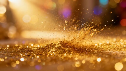 Golden glitter particles scattering on a reflective surface with bokeh lights in the background