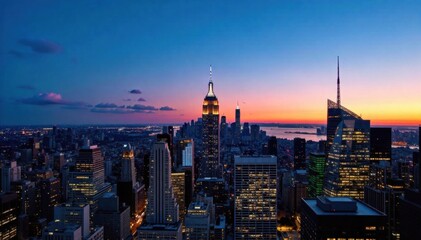 Obraz premium Urban Office Building Skyline at Dusk A wide, panoramic view of a bustling city skyline at dusk. The scene is dominated by numerous modern office buildings of varying heights. Many windows within the