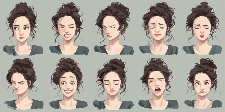 Collection d'expressions faciales d'une jeune femme aux cheveux attach&eacute;s en chignon, montrant diverses &eacute;motions humaines.