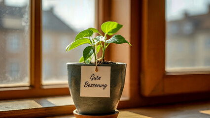 A small potted plant with a card reading ‘Gute Besserung’ tied to the pot, placed on the windowsill with soft natural light streaming in.