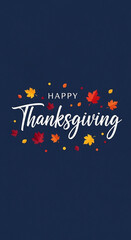 Obraz premium Happy thanksgiving text with autumn leaves and dots on a dark blue background, perfect for holiday greetings and seasonal designs