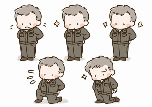 Ensemble de cinq illustrations vectorielles d'un homme en uniforme exprimant diverses &eacute;motions et poses.