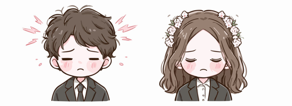 Couple de chibi malheureux exprimant leur tristesse et leur d&eacute;tresse avec des &eacute;motions n&eacute;gatives.