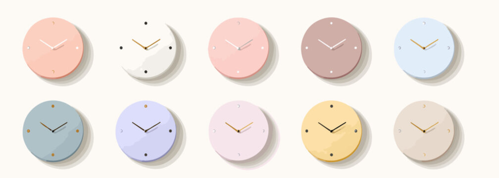Dix horloges rondes de couleurs pastel dispos&eacute;es en deux rang&eacute;es sur fond blanc