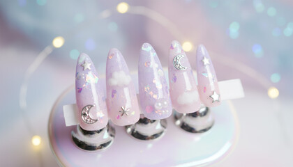 紫とピンクのドリーミーなデザインのネイルチップ