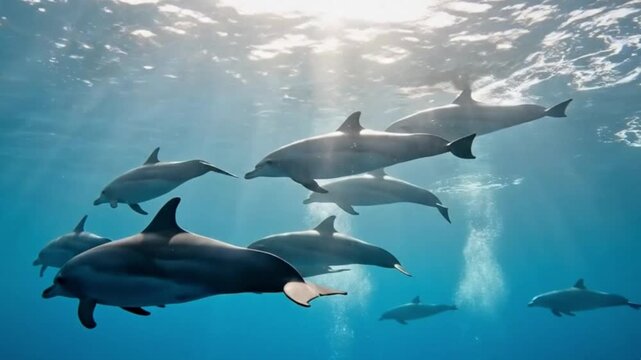 Multiple dolphins swimming underwater in clear blue water with light visible from the surface and small bubbles present