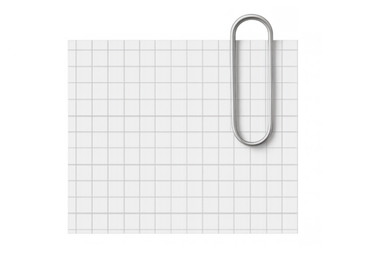 White square grid paper with attached silver paper clip for memo or office note on transparent background