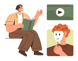 Man reading book, multimedia screen with play button, individual holding mask symbolizing identity. Ideal for learning, storytelling, self-reflection, digital media, creativity, theatre personal