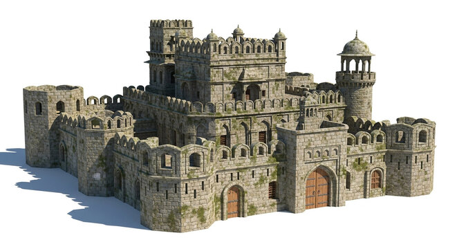 Majestic medieval castle with intricate stone details, towers, and battlements, isolated on white background, evoking a sense of history and architectural grandeur