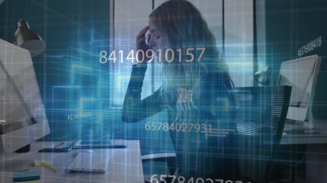 Woman typing on desk computer and activating data interface while analyzing floating code streams