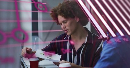 Curly-haired colleague revealing bar chart, explaining business trends, generating pink overlay