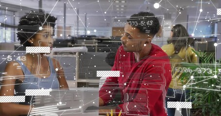 Upon opening dashboard IT colleagues analyzing laptop data while digital nodes overlay intensifying - Powered by Adobe