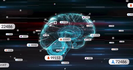 Dark void opening wireframe brain fading in, rotating and emitting data labels showing neural data - Powered by Adobe