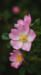 Obraz premium Close-up of delicate pink wild roses blooming in natural garden light.