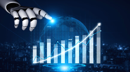 A robotic hand reaches out to interact with a glowing financial chart, illustrating rising trends in business data against a futuristic urban background. Impute