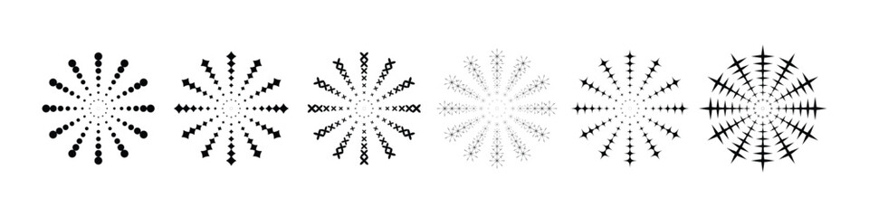 Obraz premium Set of Six Radial Burst Starburst Arrow Icons for Explosion, Impact, and Energy