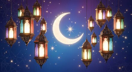 Ramadan Kareem greeting card with hanging Ramadan lanterns and a crescent moon